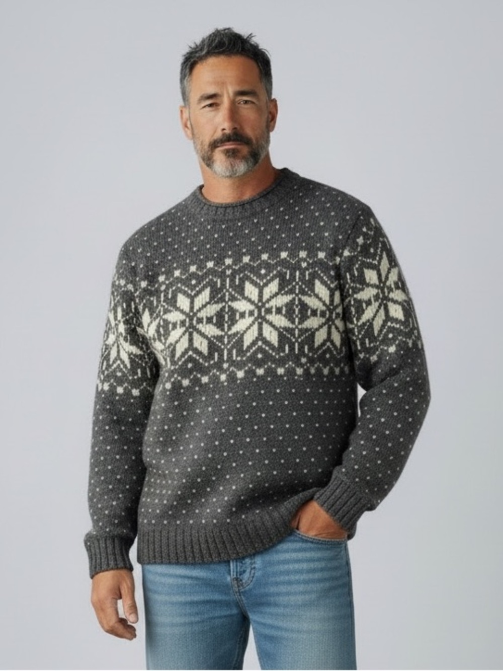 Woolrich Charcoal and Cream Fair Isle Crewneck Sweater Men’s